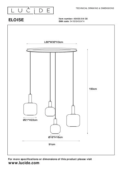 Lucide ELOISE - Hanglamp - 4xE27 - Zwart - technisch